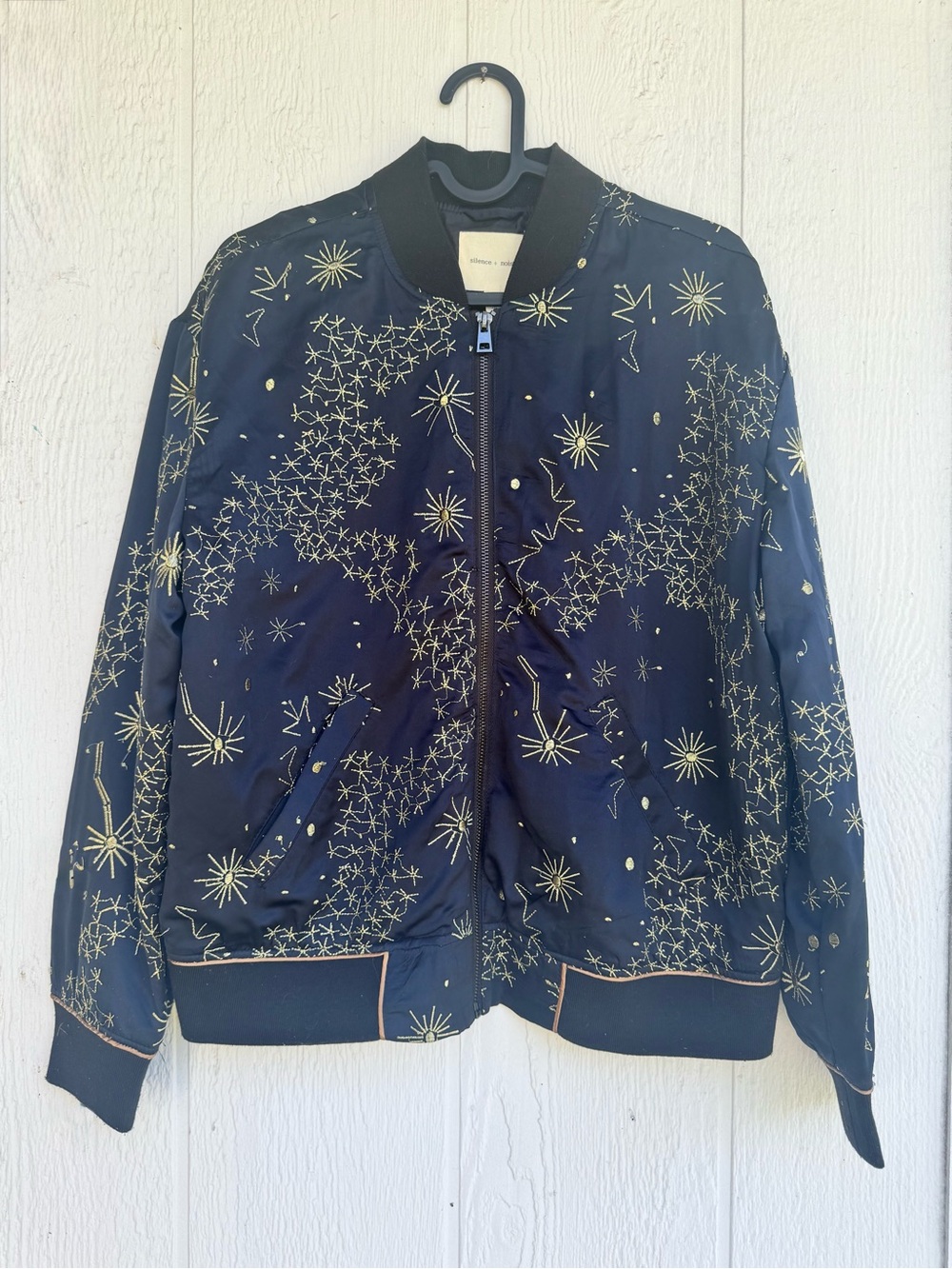 💙Anthropologie Navy Bomber Jacket with Gold Star Embroidery